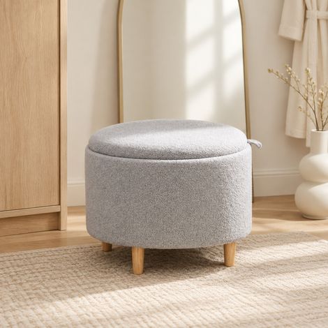 Pouf coffre rond 56 x 56 x 42 cm en teddyfleece gris DESVIAE (1/5)
