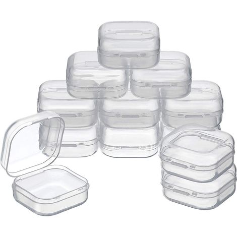 Set di 12 scatole portaoggetti in plastica trasparente per perline e altri piccoli oggetti, con coperchi incernierati.