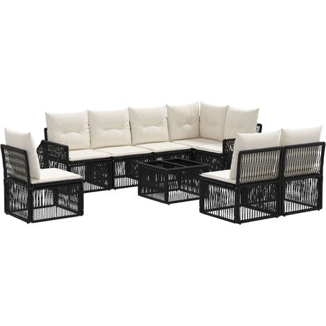 vidaXL Set Divano da Giardino 9 pcs Nero e Bianco Crema polyrattan