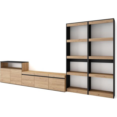 Skraut Home – Ensemble meuble TV moderne chêne et noir – Dimensions 370x35x186cm – Pour TV jusqu'à 65" – Grand rangement avec 2 portes (1/5)
