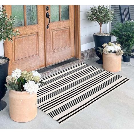 Paillasson noir et blanc à rayures, 69,8 x 110 cm, tapis d'extérieur en coton tissé à la main, tapis d'intérieur et d'extérieur pour porche