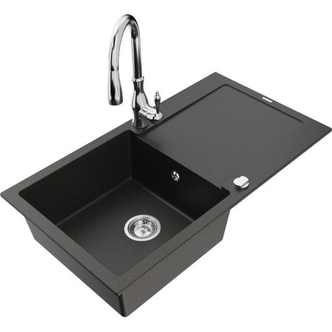 Mexen Leo lavello in granito a 1 vasca con scolapiatti e rubinetto da cucina Savita, nero/oro metallico - 6501-75-672601-00 (1/5)