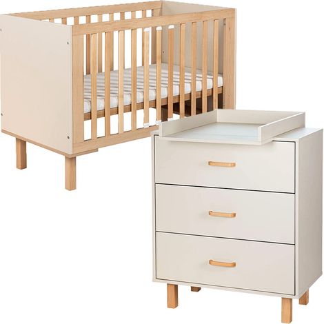 LAURA Ensemble bébé commode et lit évolutif 120x60 Champagne + plan à langer commode