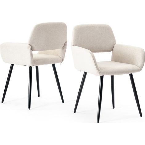 URBAN MEUBLE Lot de 2 chaises de bureau élégantes en tissu blanc cassé, pieds en métal noir (1/5)