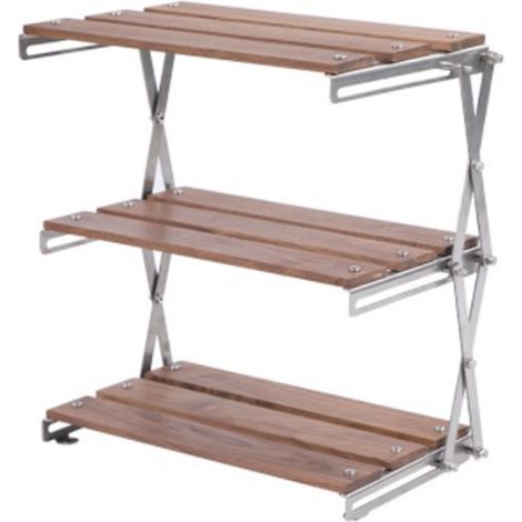 Étagère pliante 3 niveaux en bois de hêtre et métal chromé, forte capacité de charge, polissage fin, étagère de camping robuste. (1/5)
