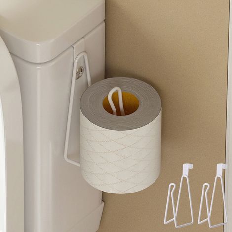 Support Pour Papier Toilette - Sans Perçage - En Métal Blanc - Pour Réservoir De Chasse D Eau Ou Porte - 2 Pièces (1/5)