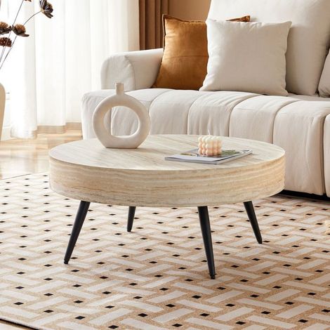 Table Basse diamètre 70 cm forme ronde aspect travertin bois clair pieds en métal noir design minimaliste (1/5)