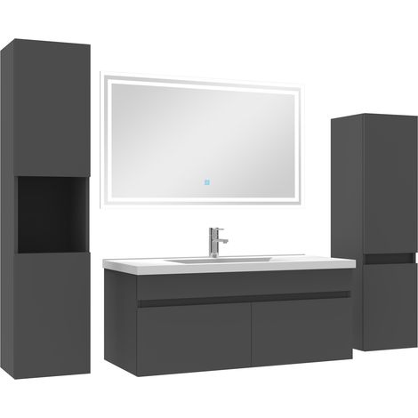 Ocean meuble Salle de Bain Anthracite 100cm simple vasque + colonne + miroir LED