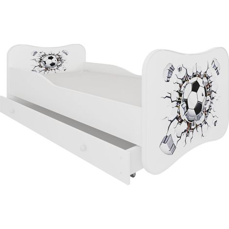 Lit enfant bois blanc à tiroirs avec imprimé ballon de football - Sommier et matelas inclus - Ondula-70x140 (1/5)