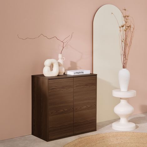 Buffet. module de rangement noyer décor bois 2 portes L 70 x P 35 x H 70 cm - Kompo
