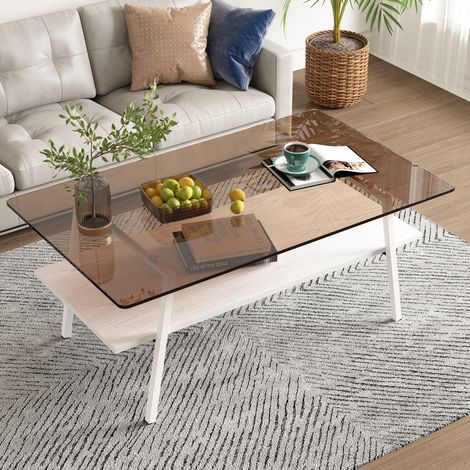 Couchtisch mit Hartglasplatte (106x66x9 cm), moderne Optik, MDF, Braun und Weiß (1/5)