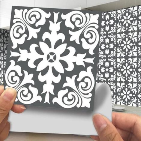 Autocollants Carrelage - 24 Pcs - 15x15 cm - Imperméable - Gris Blanc - Motif Fleur (1/4)
