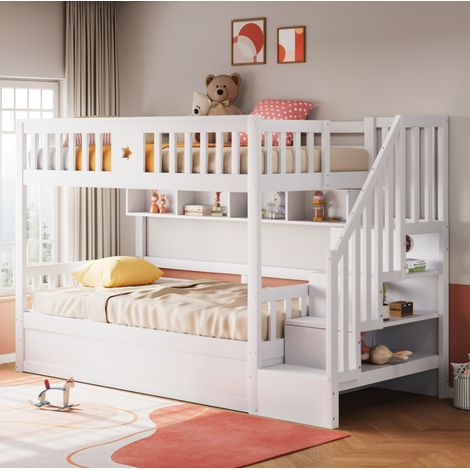Lit superposé 90x200 cm avec rangement hydraulique, étagères et escalier, en bois, blanc, sans matelas (1/5)