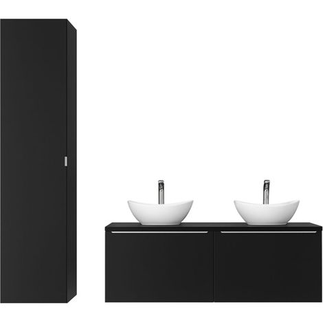 VANTA Set: Möbel unter Waschtisch 120cm + Platte für Waschbecken + 2 Aufsatzwaschbecken + 1 Stauraumsäule + 1 Spiegel + 2 LED
