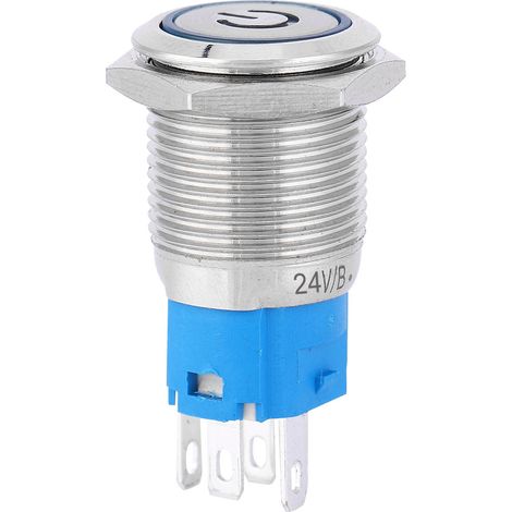 Bouton poussoir métal bleu LED plat tête ronde auto-réinitialisation 16mm 24V avec symbole d'alimentation, anneau lumineux (1/5)
