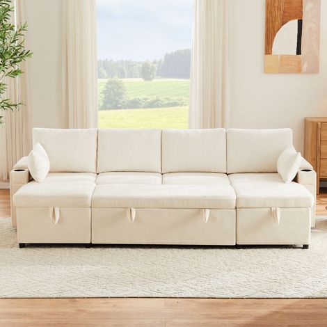 Canapé convertible 4 places en U beige, canapé d'angle avec couchage, rangements, porte-gobelets et 2 coussins, 272 x 131 x 84 cm (1/5)