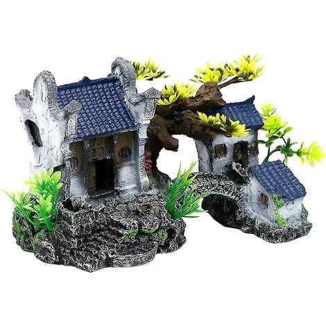 Maison en résine pour aquarium avec arbres et herbes décoratifs réalistes, servant de cachettes pour betta. (1/4)