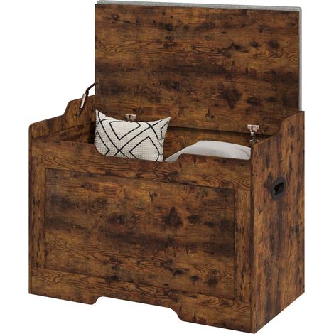 Banc de rangement multifonctionnel 103L couleur bois avec coussin en tissu gris, 75 x 40 x 56 cm (1/5)
