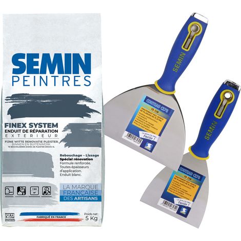 Enduit de réparation, rebouchage et lissage Reboucheur extérieur Semin - très forte adhérence - Sac de 5 kg, un couteau à enduire - 10 cm et un couteau à enduire - 15 cm (1/5)