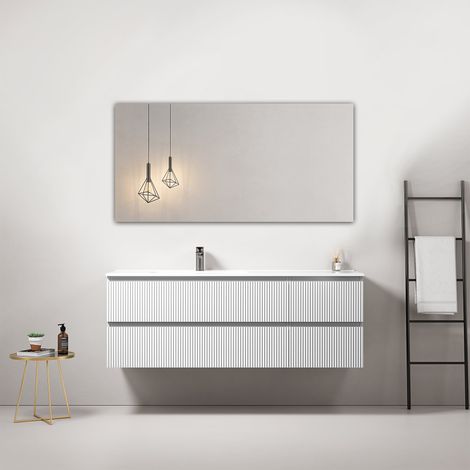Mobile bagno sospeso cannettato 140 cm Bianco Lavabo a Sinistra in Resina Specchio Quadro - Fiji Paint (1/4)