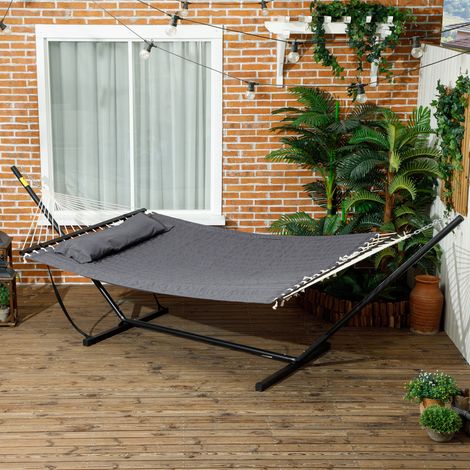 Hamac sur pied. hamac avec support en acier. oreiller. barres d'écartement. 368 x 140 x 110 cm. gris foncé
