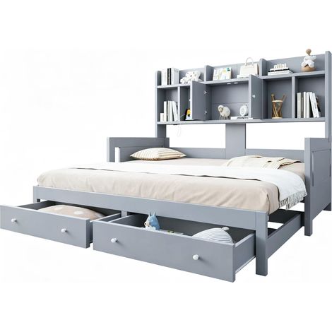 Lit banquette gigogne 90x190 et 180x190cm avec 2 tiroirs,niches, placards,prises intégrées et led, bois et mdf, gris (1/5)