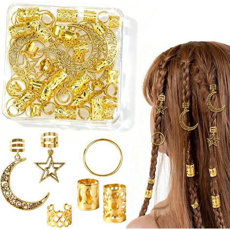 Set di 60 fermagli e perline dorate per capelli, gioielli per capelli dorati con ciondoli a stella e luna per trecce, fermagli in lega per donna, accessori barocchi per feste (1/5)