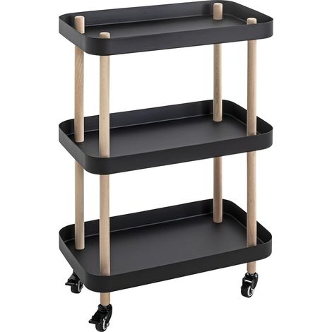 Table d'appoint en Bois Massif sur roulettes, Naturel, piètement en métal Noir, Table de Salon Mobile - Dimensions : L 50 x H 76 x P 30 cm Style : Moderne (1/5)