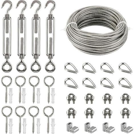 Edelstahl-Seilsets, 20 m verzinktes Stahlseil, Drahtseilset mit M5-Spannschloss, Drahtseilbefestigungen, Crimphülsen, geschlossene Ringschrauben, Schubstangen (1/5)