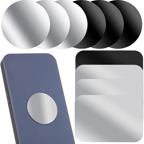 12 Pièces Plaque Métallique Adhésive pour Support de Téléphone Voiture en Acier Inoxydable, Formes Rondes et Rectangulaires, Bords Lisses, Maintien Stable pour Conduite (1/5)