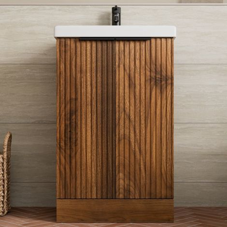 Fluted 500mm Bathroom Vanity Unit Basin Floorstanding Cupboard Soft Close Walnut (1/5)