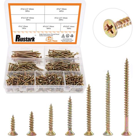 Lot de 420 vis à bois M4 - Assortiment de vis autotaraudeuses à tête plate - Vis à bois à croix - Vis autotaraudeuses M4 x 16/20/25/30/40/50/60mm (1/5)