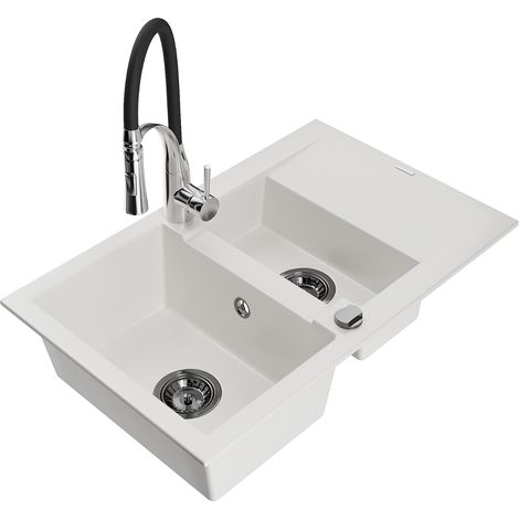 Mexen Gaspar 1,5-Becken-Granitspüle mit Abtropffläche und Mischbatterie Aster, Weiß - 6507-20-73450-07-B (1/5)
