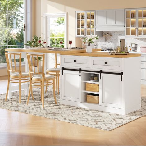 Isla de cocina giratoria 360° con puertas correderas, 2 cajones, 120-197 cm, blanco OKWISH (1/5)