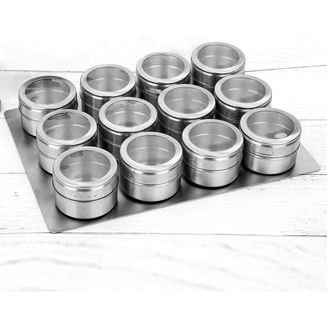 MINKUROW Set Di 12 Barattoli Magnetici Per Spezie In Acciaio Inossidabile, Barattoli Per Spezie Rotondi, Shaker Per Spezie, Contenitori Per Spezie, Coperchio Trasparente Per Spezie Da Cucina (1/5)