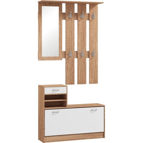 HOMCOM Mobile da Ingresso con Scarpiera e Specchio in Legno Bianco e Noce