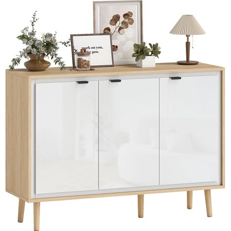Buffet moderne 3 portes avec étagère réglable, 107 x 35 x 77 cm, blanc brillant et chêne (1/5)