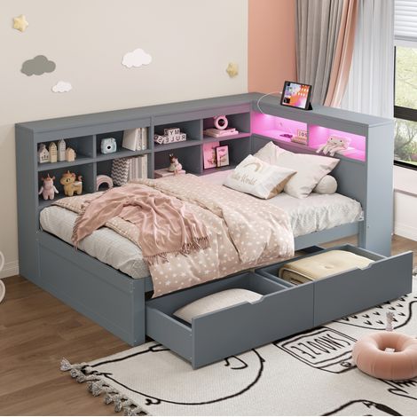 lit avec tiroirs 90x200 avec rangements en bois gris HAVRYA (1/5)