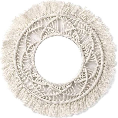 Miroir mural décoratif vintage – Cadre bohème en macramé – Décoration rétro – Réplique de miroir rond – Pour salon ou chambre – Beige – 1 pièce (1/5)