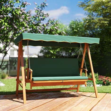 Balançoire Hollywood avec pare-soleil. Balançoire de jardin en bois massif. Banc-balançoire inclinable. Pour 3 personnes. Vert foncé. (1/5)
