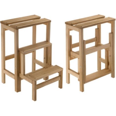 Tabouret en bois de hêtre couleur frêne – Dimensions ouvertes 39 x 45 x 59 cm – Étagère intégrée – Marches antidérapantes (1/2)