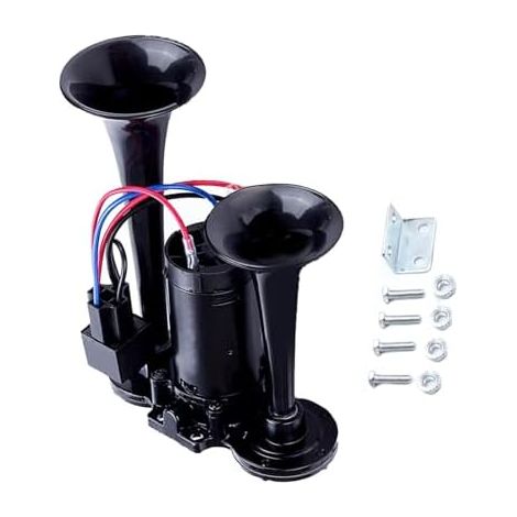 Klaxon à air comprimé de 150 dB pour camion et train, 12V Ensemble de klaxon double silencieux pour camions, trains, poids lourds, voitures et bateaux, compresseur inclus (Noir) (1/5)