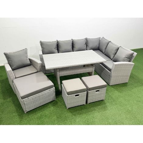 Fimous Rattan Garden Furniture Set Outdoor 10 Seater Patio Dining Corner Sofa Sets with Dining Table Chair 3 Footstools Light Grey Mixed (1/4)