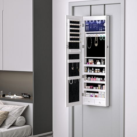 Rangement Armoire à bijoux suspendue au mur ou à la porte avec miroir LED 5 étagères 2 tiroirs 37x10x120cm effet bois grisé