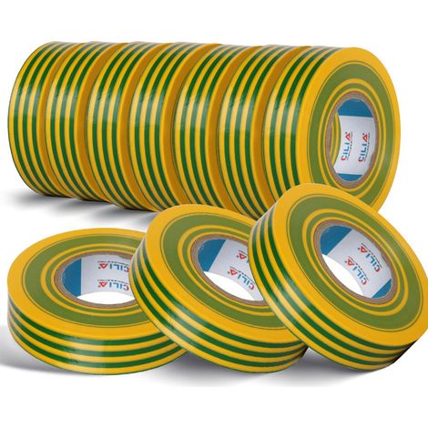 Lot de 10 Chatterton CILIA Ruban Adhésif Isolant Électrique PVC 19mm x 25m Scotch Électricien Professionnel Ignifuge 600V Chatertone Isolant Multicolore Couleur: Jaune Vert Spécial Mise à la Terre