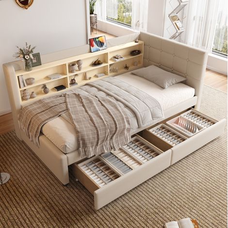 Letto singolo 90x200 con USB, cassetti e ripiani OKMYHOME (1/5)