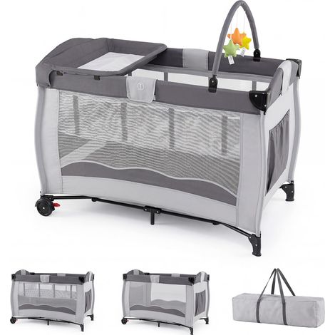 COSTWAY 4 en 1 Lit Parapluie Bébé Pliable avec Matelas (Gris)