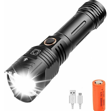 royaluxe - Torche tactique ultra lumineuse XHP100 LED 2500 lumens haute lampe de poche rechargeable USB XHP100 LED avec batterie 26650 Lampe torche étanche réglable à 5 modes pour le camping (1/5)