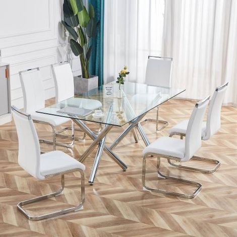 Lot de 4 Chaises Freischwinger Blanches Simili-Cuir, Cadre Métal Chromé Ergonomique à Mouvement Oscillant, Charge Max 120kg, Chaise Salle à Manger Salon (1/5)
