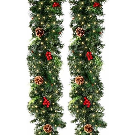 Guirlande de sapin de Noël artificielle de 270 cm, guirlande de sapin vert avec pommes de pin et fruits rouges, décoration de Noël idéale pour chambre, porte, mur, fenêtre, escalier, cheminée (2,7 m) (1/5)